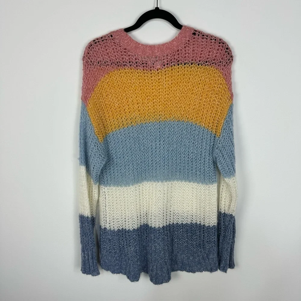 American eagle pastel open knit striped color block crewneck sweater pink blue